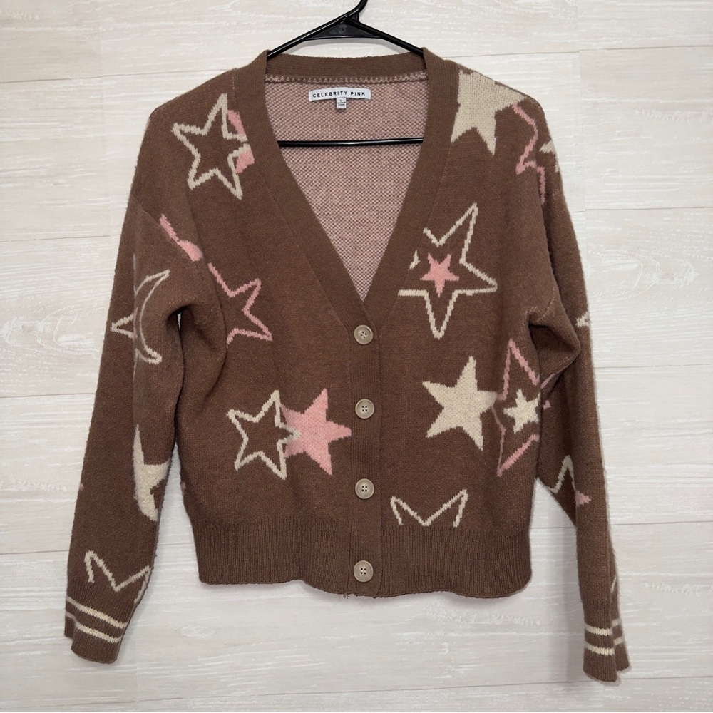 Celebrity Pink Women's Brown Star Print Button Front Cardigan Sweater size large - Picture 2 of 8